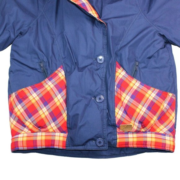 Vintage 80s XL Rainbow Trim Genuine Down Blue Coat Jacket Ski Snowboard Winter - Picture 6 of 12